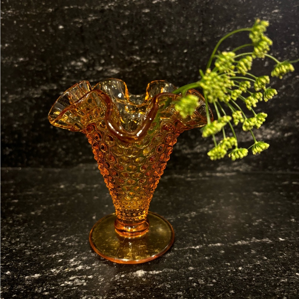 Amber Miniature 4" Glass Ruffled
Hobnail Vase by FENTON
